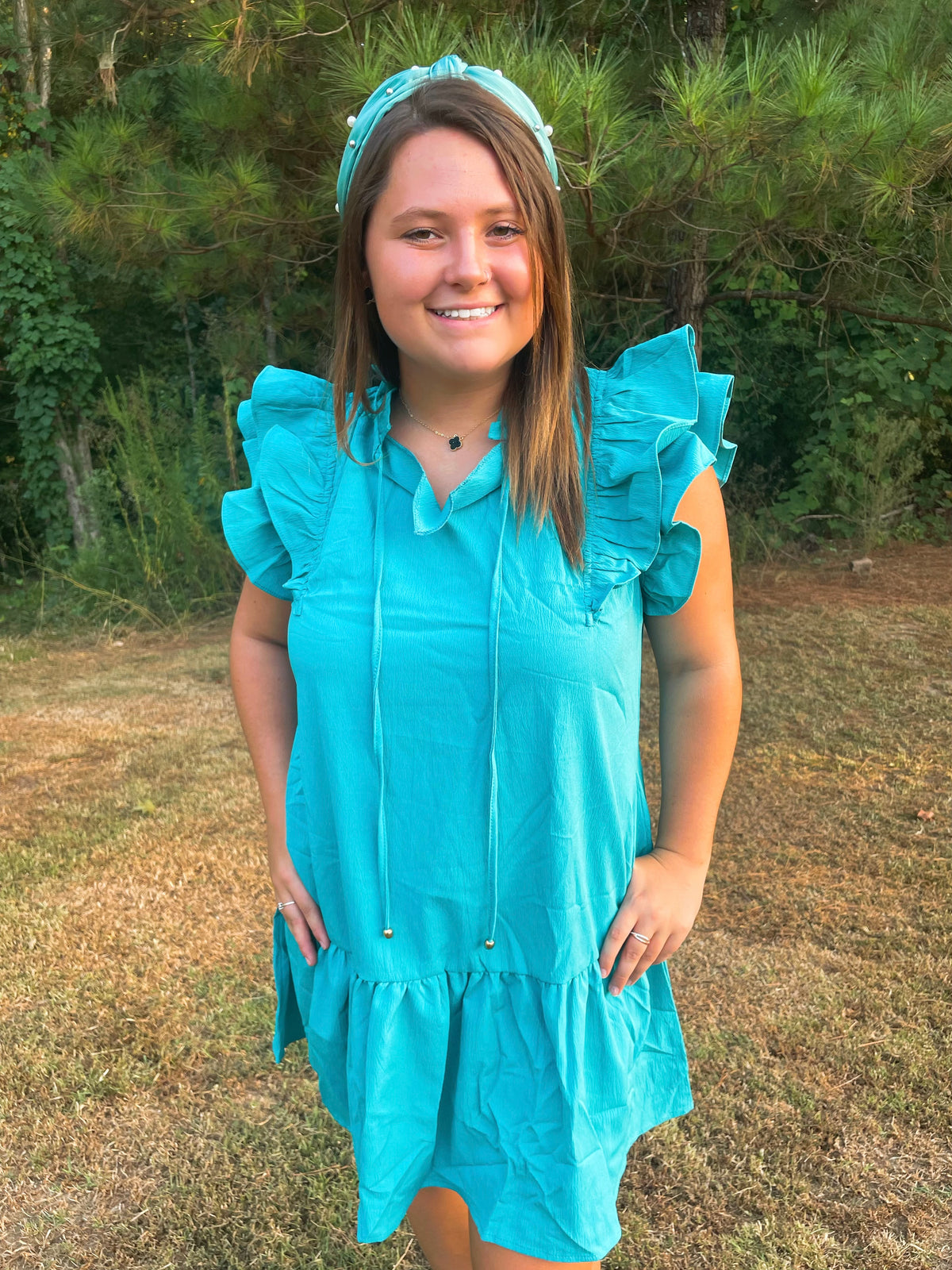 Teal Ruffled Sleeves Mini Dress with Pockets