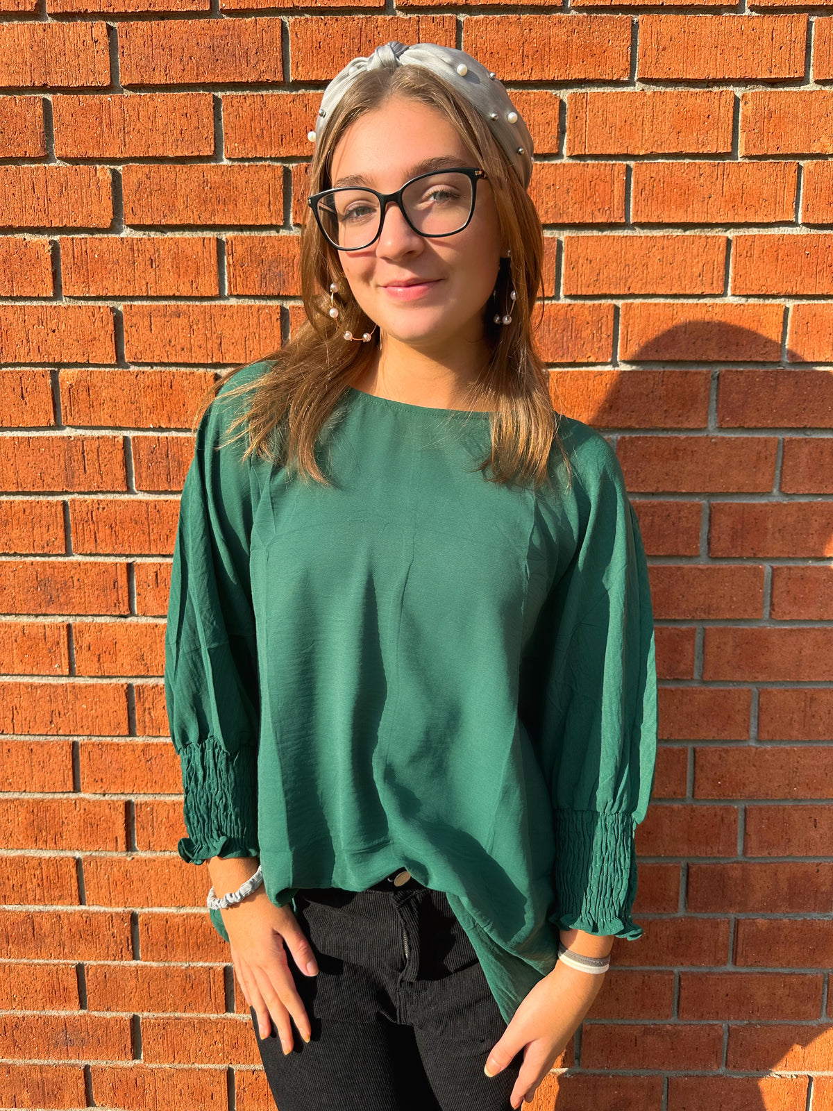 Green Smocked Sleeve Blouse